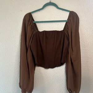 Promesa Brown Ruched Long Sleeve Crop Blouse